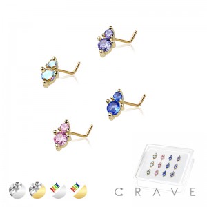 12PCS OF DOUBLE PRONG CZ GEM TOP 316L SURGICAL STEEL L SHAPE NOSE